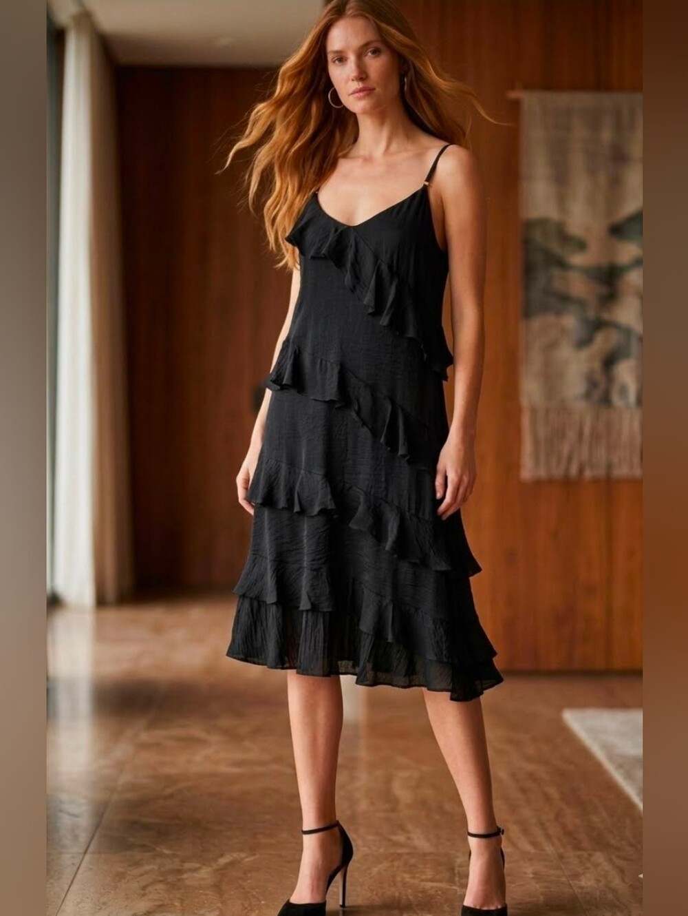 AQUA Black Chiffon Tiered Ruffled Flowy Spaghetti Strap Midi Slip Dress Size S